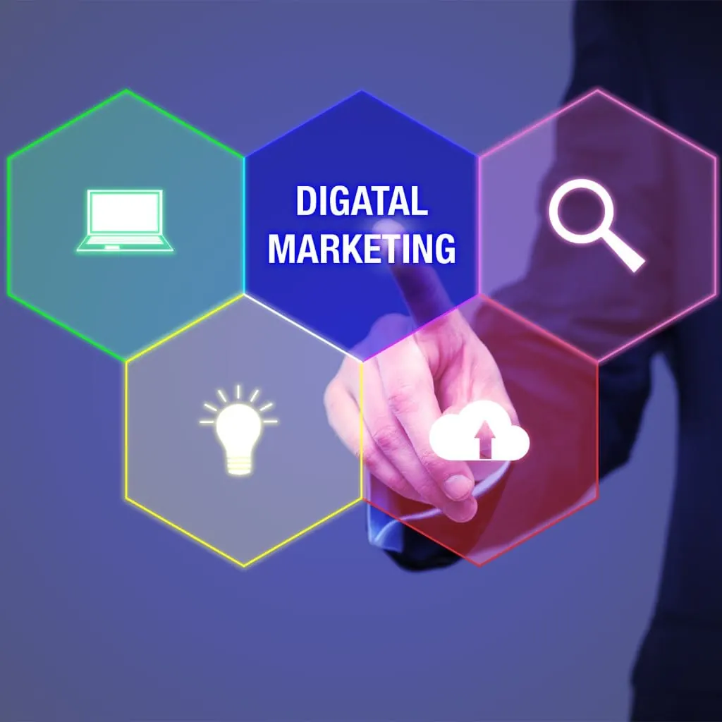 Hand touching hexagon icons around the words digital marketing
