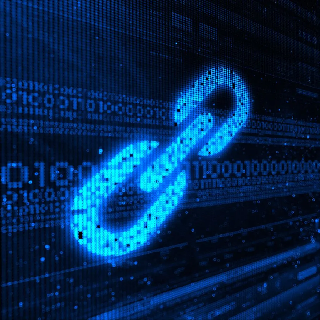 Glowing blue chain link icon over binary code