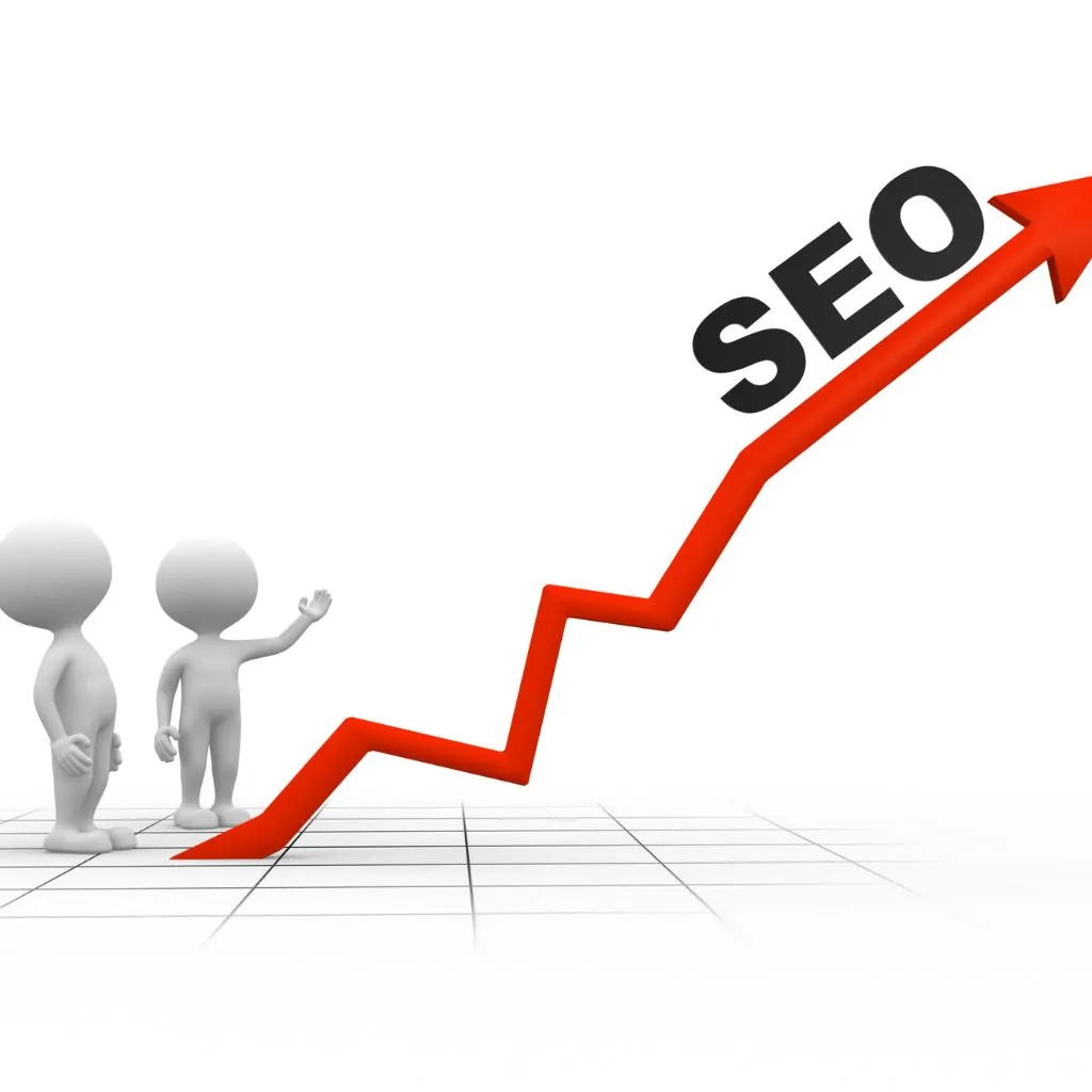 Two small figures looking at a red arrow rising towards the word SEO