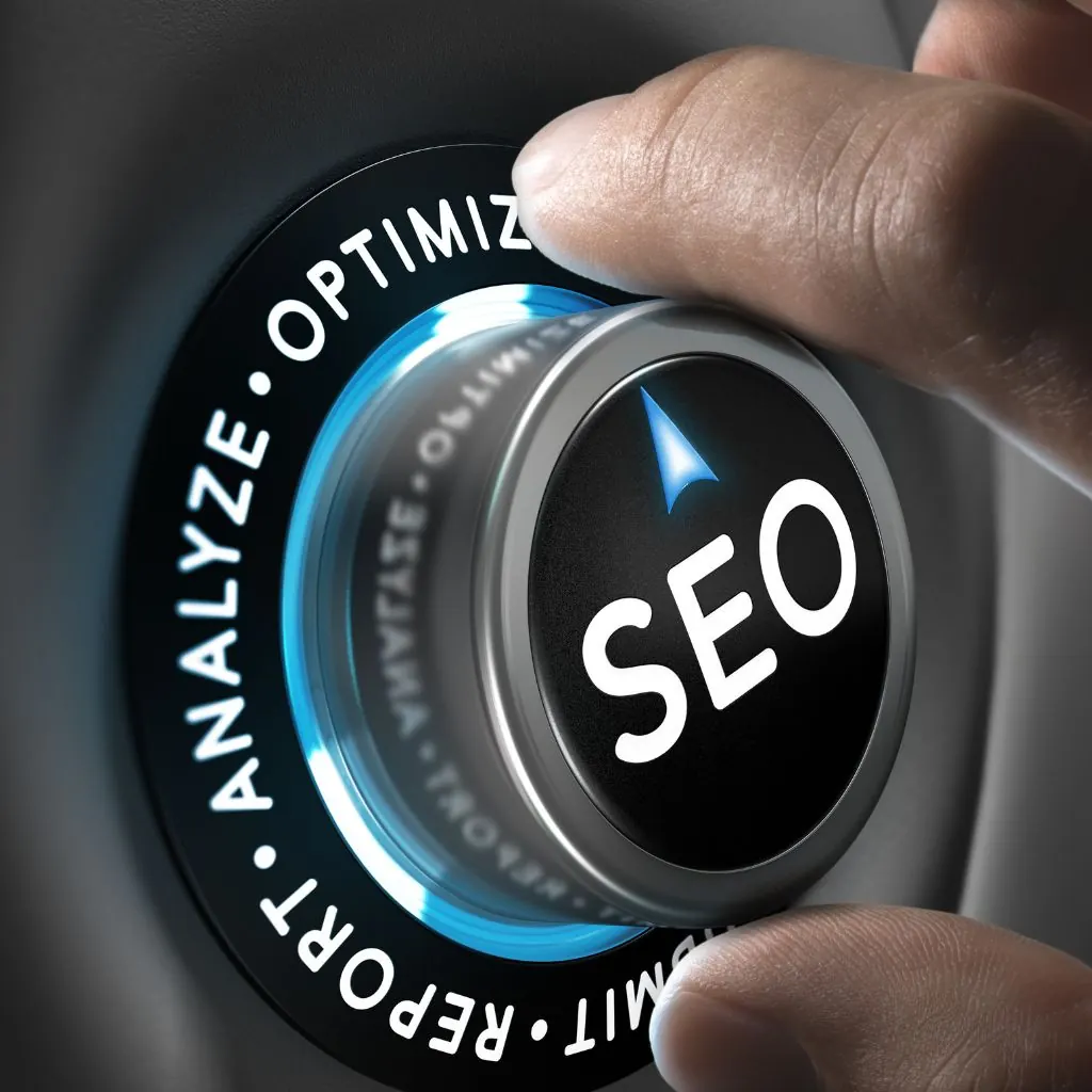Hand turning a dial labelled SEO with the words analyze, optimize and report around it
