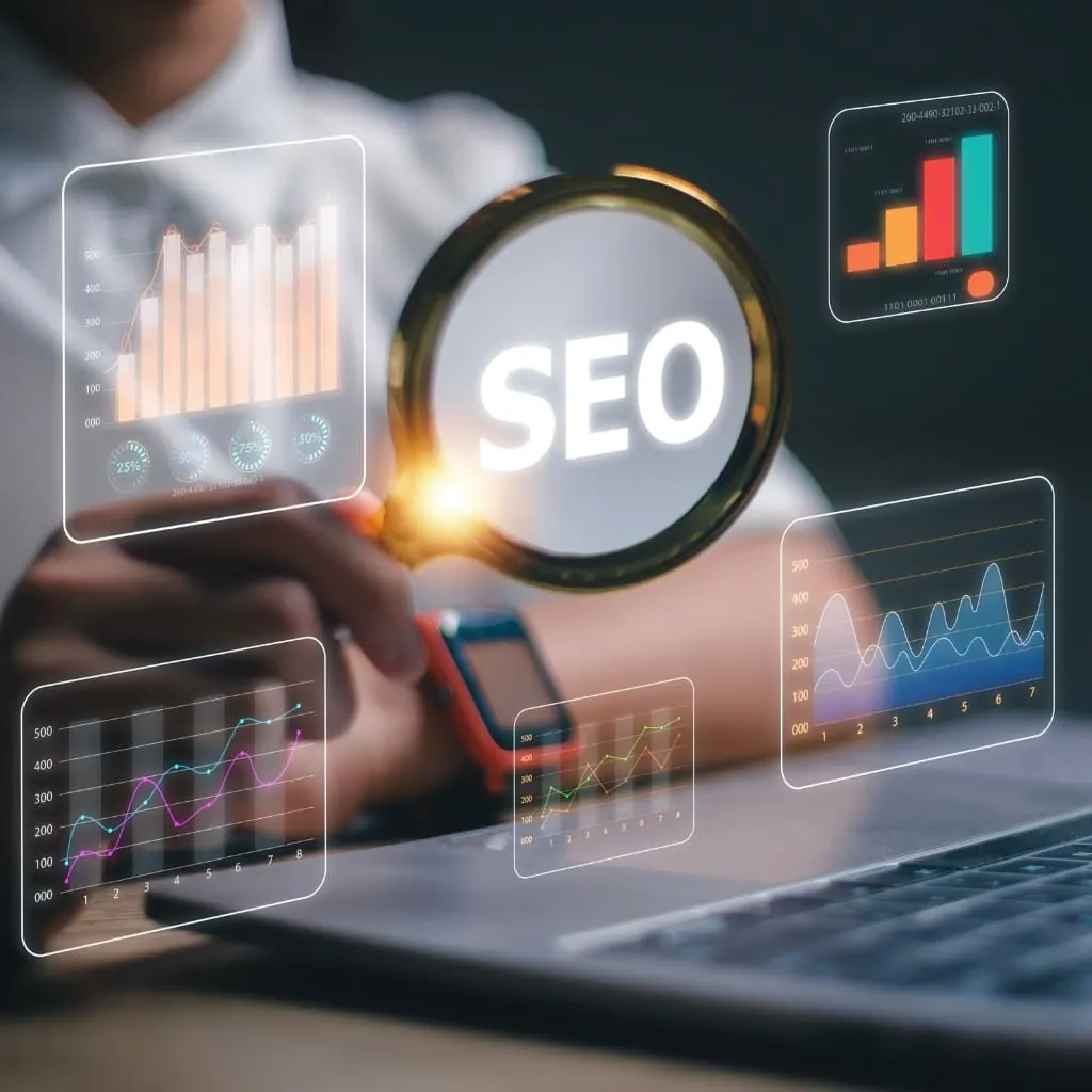 Person at a laptop with floating SEO and analytics chart graphics